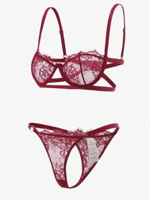 Ensemble de lingerie sexy, soutien-gorge à armatures en dentelle florale et culotte