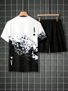 Manfinity LEGND 男士大码撲克牌圖案T恤和短褲 - 黑色 - 查看 2