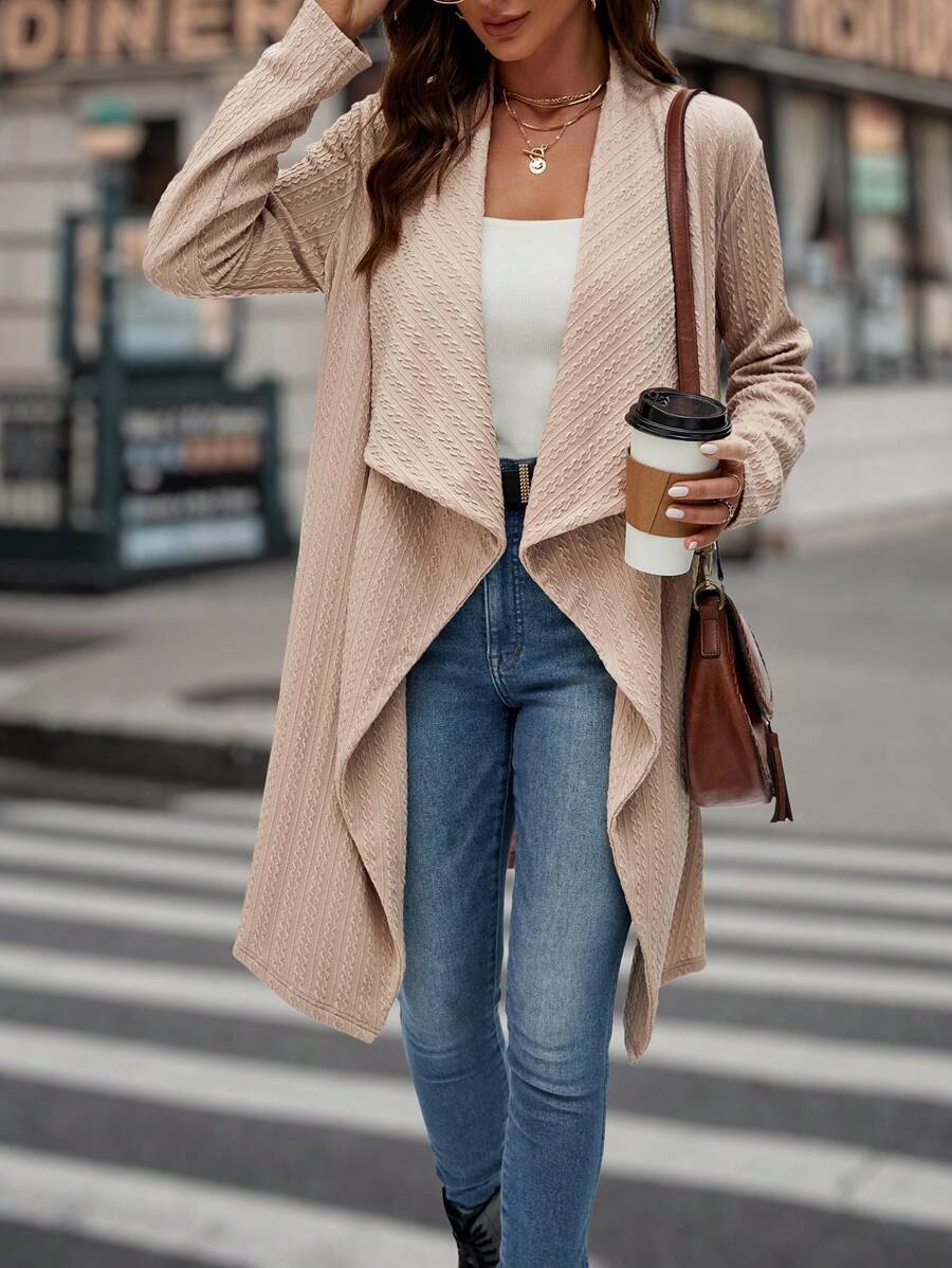 SHEIN LUNE Waterfall Collar Open Front Asymmetrical Hem Coat - Apricot - View 1