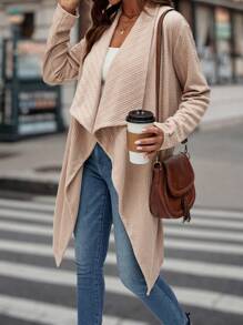 SHEIN LUNE Waterfall Collar Open Front Asymmetrical Hem Coat - Apricot - View 3