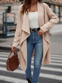 SHEIN LUNE Waterfall Collar Open Front Asymmetrical Hem Coat - Apricot - View 5