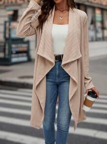 SHEIN LUNE Waterfall Collar Open Front Asymmetrical Hem Coat - Apricot - View 6