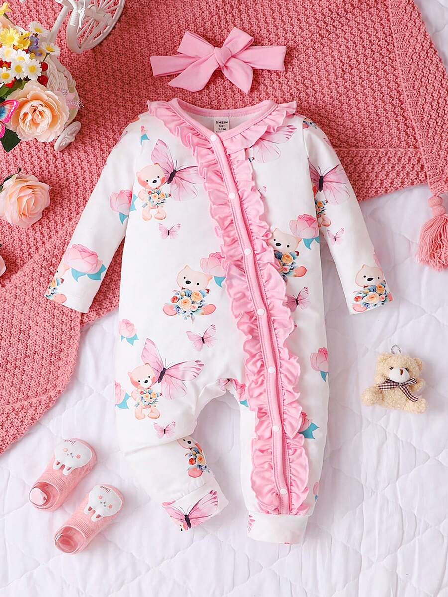 Baby Girl Cartoon Print Ruffle Trim Jumpsuit & Headband - Multicolor - View 1