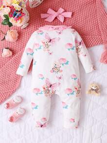 Baby Girl Cartoon Print Ruffle Trim Jumpsuit & Headband - Multicolor - View 2