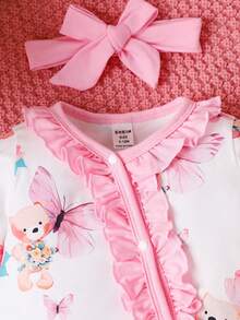 Baby Girl Cartoon Print Ruffle Trim Jumpsuit & Headband - Multicolor - View 6