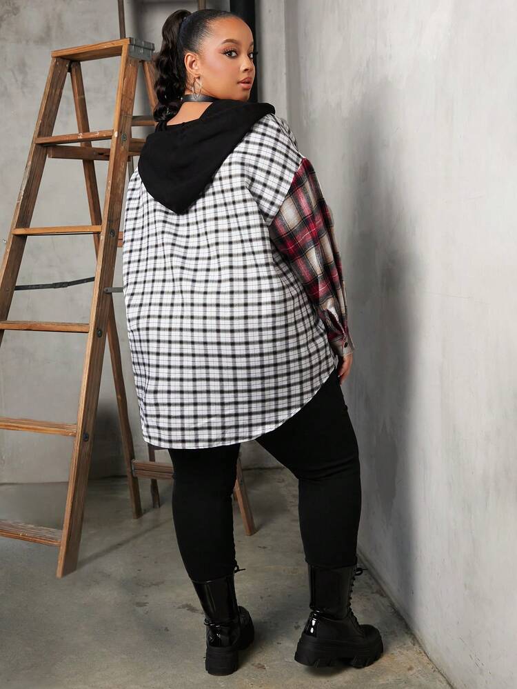 Plus Plaid Print Drop Shoulder Drawstring Hooded Blouse