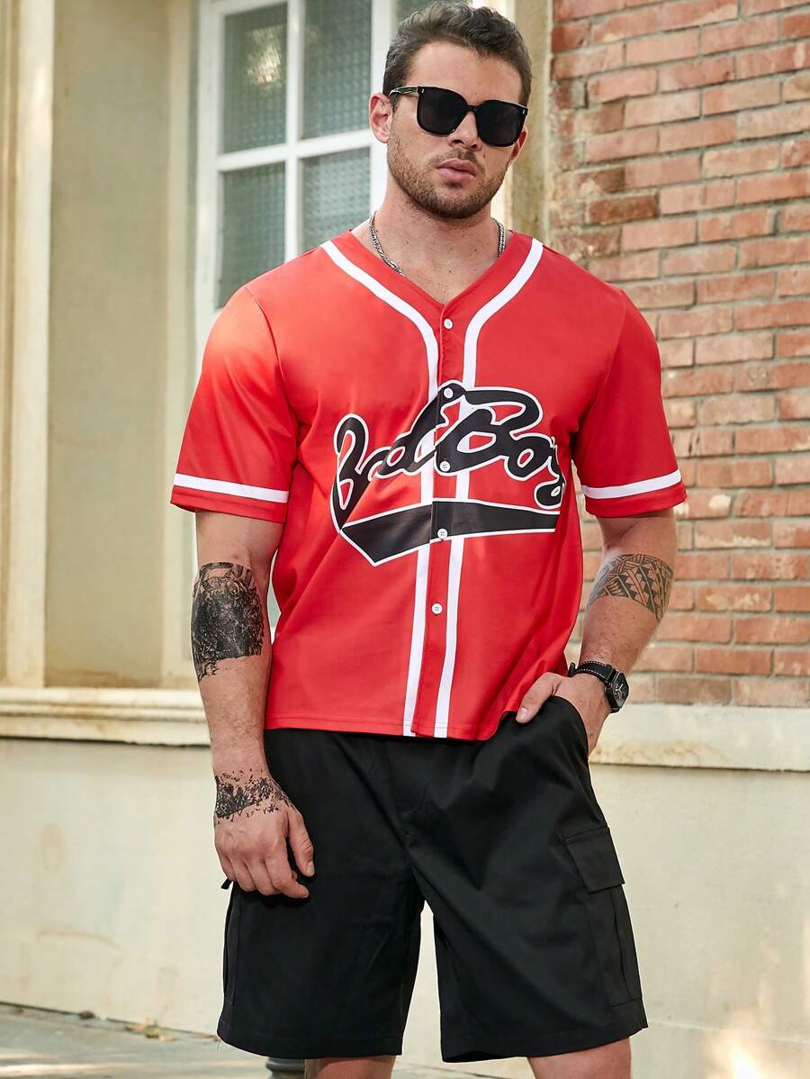 Manfinity Homme Men Plus Letter Graphic Contrast Trim Shirt - Red - View 1