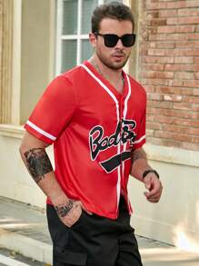 Manfinity Homme Men Plus Letter Graphic Contrast Trim Shirt - Red - View 3