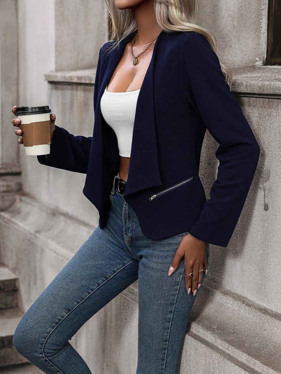 SHEIN Clasi 大翻領拉鏈細節開門襟夾克 - 藏蓝色 - 查看 1