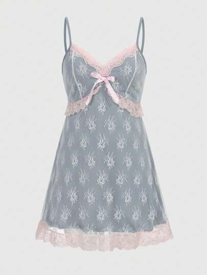 Kawaii Vestido elegante de talla grande con tirantes spaghetti, patchwork de encaje y bloqueo de color, para verano