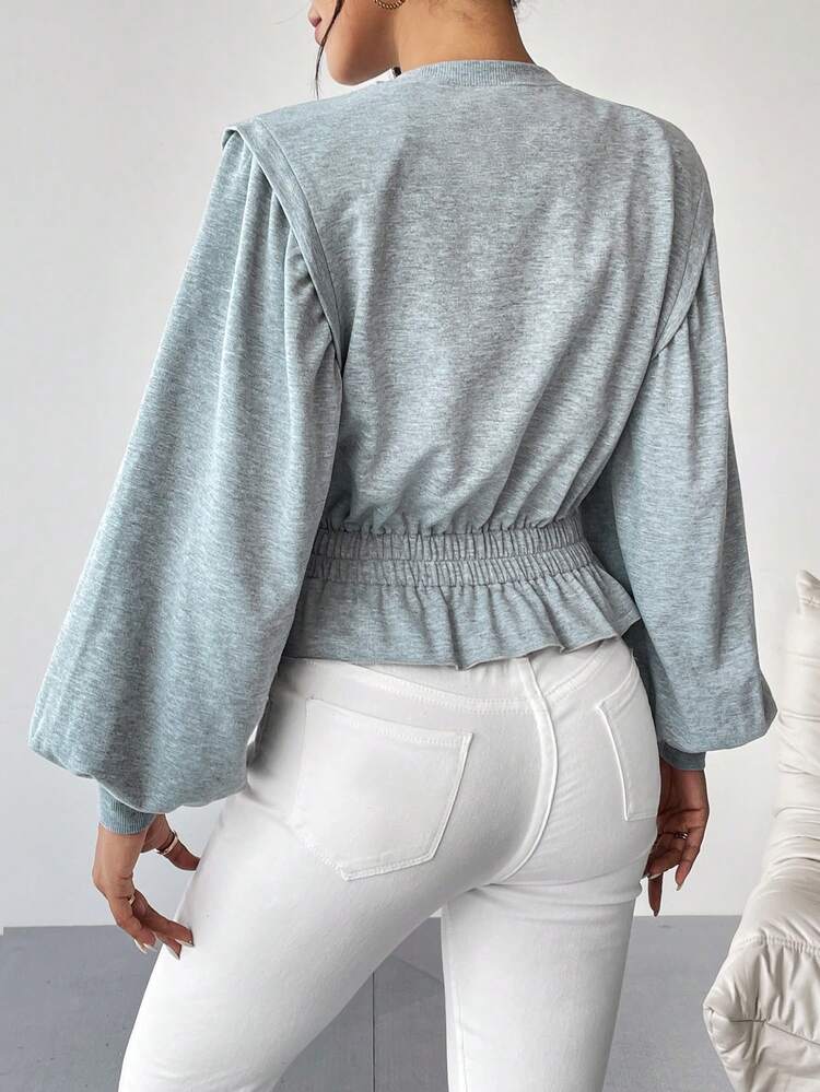 Solid Bishop Sleeve Peplum Sweatshirt