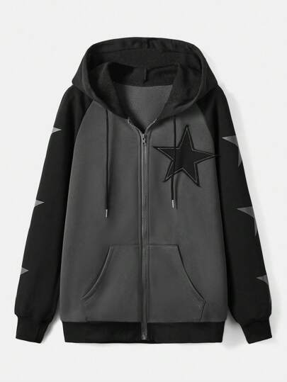 Grunge Punk Star Print Zip Up Drawstring Hoodie, School