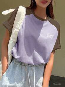 DAZY 字母圖案撞色插肩袖T恤 - 紫色 - 查看 3