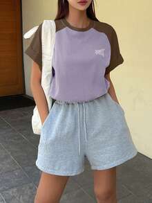 DAZY 字母圖案撞色插肩袖T恤 - 紫色 - 查看 4