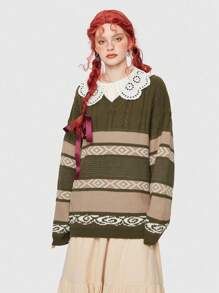 ROMWE Fairycore 條紋圖案落肩袖套頭毛衣