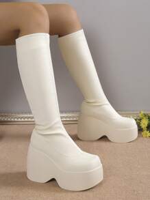 Women's Fashionable Mid-calf Wedge Heel Platform Boots - Beige - View 1