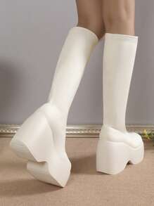 Women's Fashionable Mid-calf Wedge Heel Platform Boots - Beige - View 2