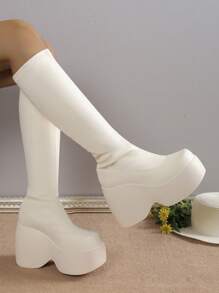 Women's Fashionable Mid-calf Wedge Heel Platform Boots - Beige - View 3