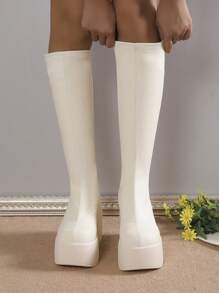 Women's Fashionable Mid-calf Wedge Heel Platform Boots - Beige - View 4