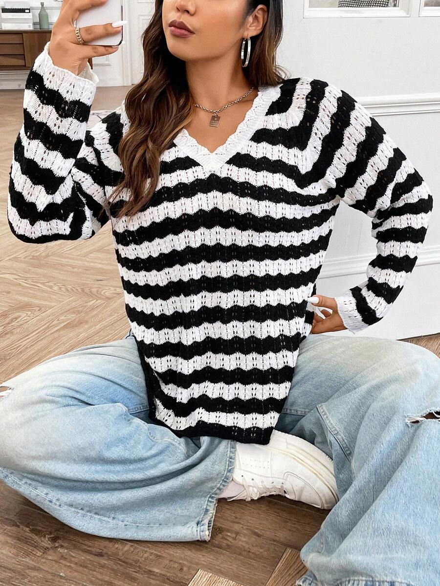 Flirla Plus Striped Pattern Raglan Sleeve Jumper - Black and White - View 1