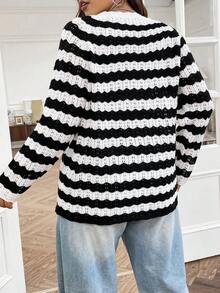 Flirla Plus Striped Pattern Raglan Sleeve Jumper - Black and White - View 2