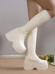 Women's Fashionable Mid-calf Wedge Heel Platform Boots - Beige - View 5