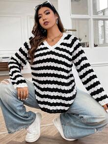 Flirla Plus Striped Pattern Raglan Sleeve Jumper - Black and White - View 3