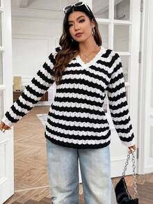 Flirla Plus Striped Pattern Raglan Sleeve Jumper - Black and White - View 6