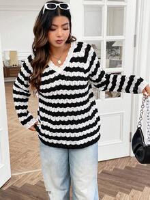Flirla Plus Striped Pattern Raglan Sleeve Jumper - Black and White - View 7