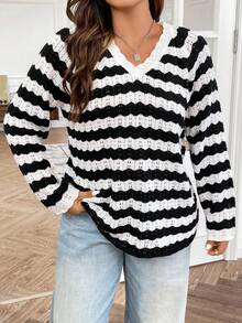 Flirla Plus Striped Pattern Raglan Sleeve Jumper - Black and White - View 5