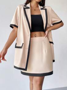 SHEIN Privé Women Suit Sets Kantong Tombol Depan Contrast Binding Blok Warna Casual - Aprikot - View 1