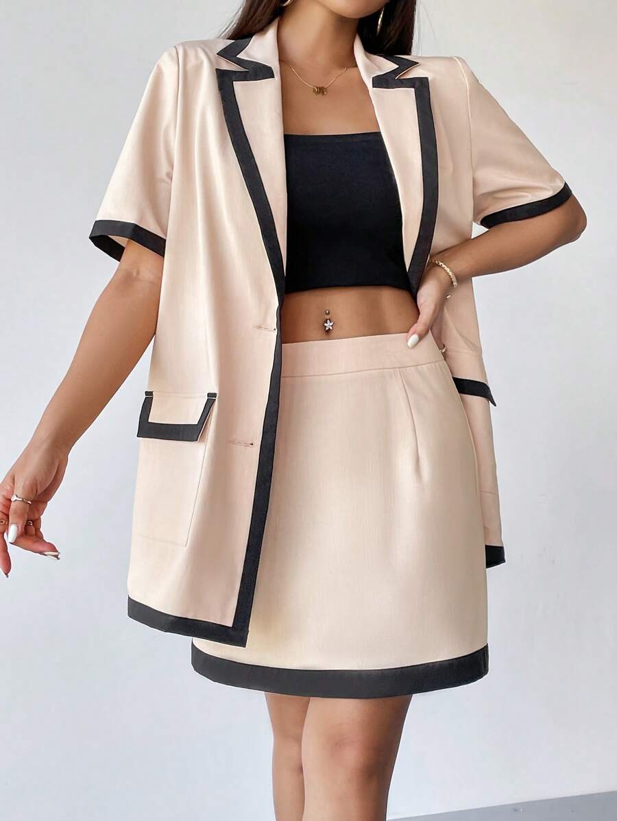SHEIN Privé Women Suit Sets Kantong Tombol Depan Contrast Binding Blok Warna Casual - Aprikot - View 1