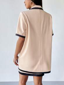 SHEIN Privé Women Suit Sets Kantong Tombol Depan Contrast Binding Blok Warna Casual - Aprikot - View 2