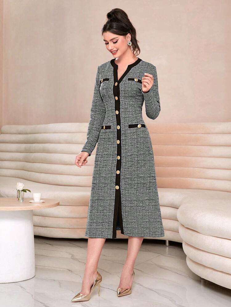 Colorblock Print Button Front Dress Long Evening Dresses Fall Cloth For Women