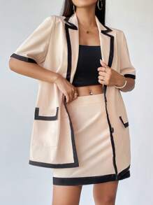 SHEIN Privé Women Suit Sets Kantong Tombol Depan Contrast Binding Blok Warna Casual - Aprikot - View 5