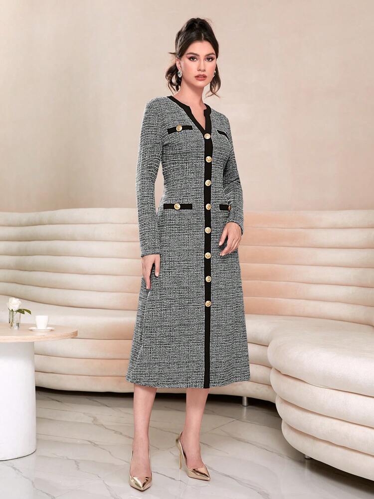 Colorblock Print Button Front Dress Long Evening Dresses Fall Cloth For Women