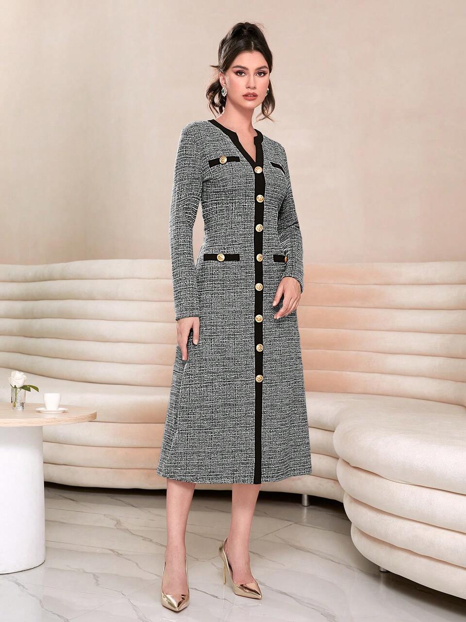 Colorblock Print Button Front Dress Long Evening Dresses Fall Cloth For Women