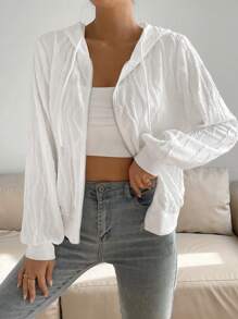 SHEIN Essnce 素色拉鏈開襟抽繩連帽拉鏈開襟運動衫 - 白色 - 查看 1