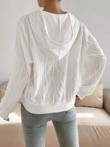 SHEIN Essnce 素色拉鏈開襟抽繩連帽拉鏈開襟運動衫 - 白色 - 查看 2