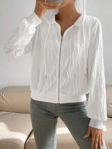 SHEIN Essnce 素色拉鏈開襟抽繩連帽拉鏈開襟運動衫 - 白色 - 查看 3