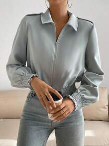 SHEIN Essnce Solid Zip Up Elastic Hem Jacket - Green - View 1