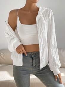 SHEIN Essnce 素色拉鏈開襟抽繩連帽拉鏈開襟運動衫 - 白色 - 查看 4