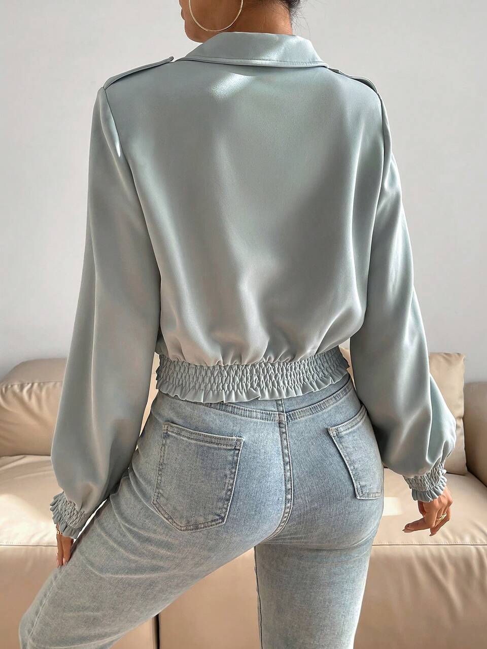 Solid Zip Up Elastic Hem Jacket
