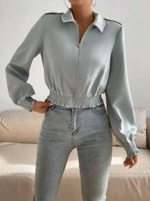 SHEIN Essnce Solid Zip Up Elastic Hem Jacket - Green - View 3