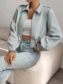 SHEIN Essnce Solid Zip Up Elastic Hem Jacket - Green - View 5