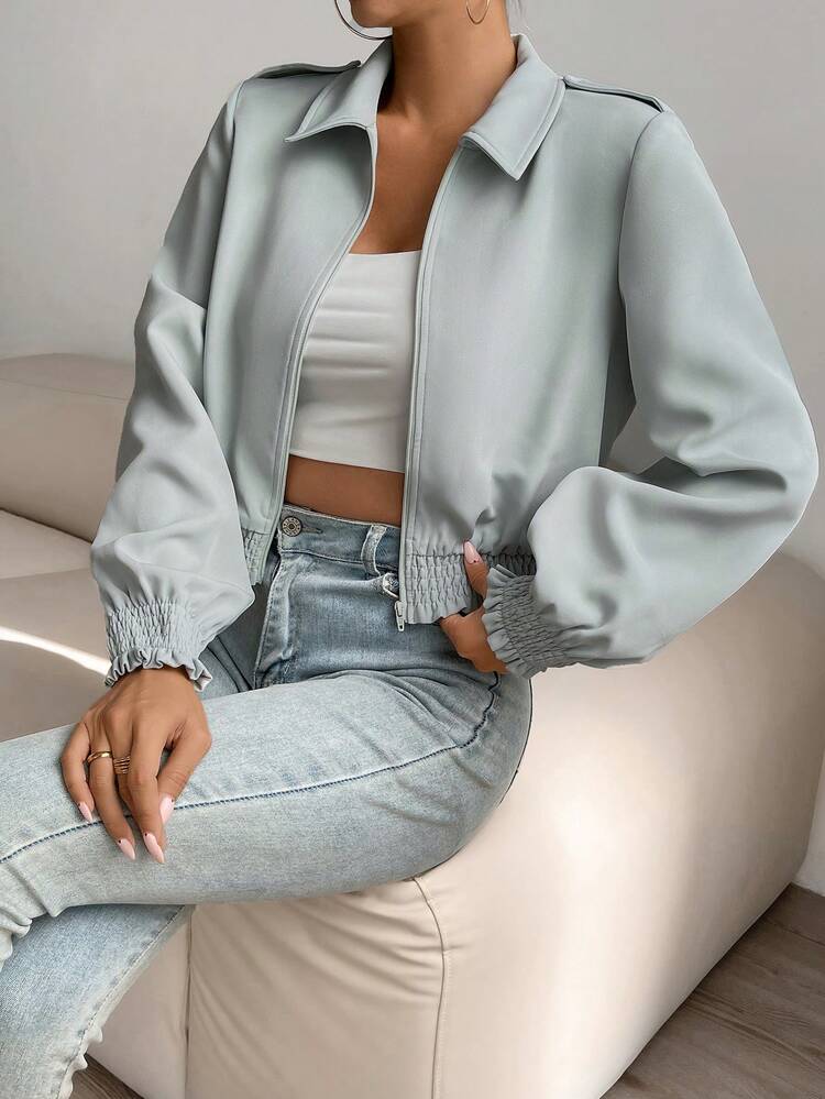 Solid Zip Up Elastic Hem Jacket