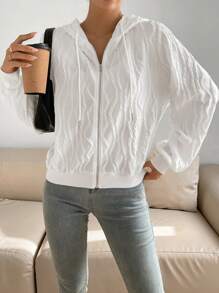 SHEIN Essnce 素色拉鏈開襟抽繩連帽拉鏈開襟運動衫 - 白色 - 查看 5