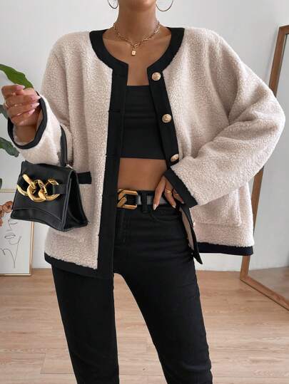 Firerie Contrast Binding Button Front Teddy Coat In Fall/Winter