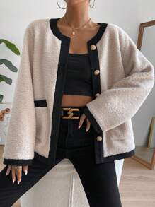 Firerie Contrast Binding Button Front Teddy Coat In Fall/Winter