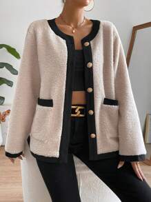 Firerie Contrast Binding Button Front Teddy Coat In Fall/Winter
